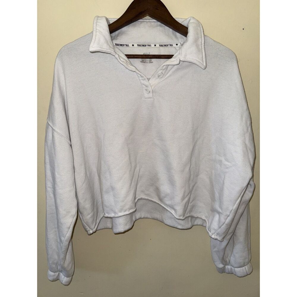 Aerie White Cropped Polo Collared Sweatshirt 3-Button Pullover Medium